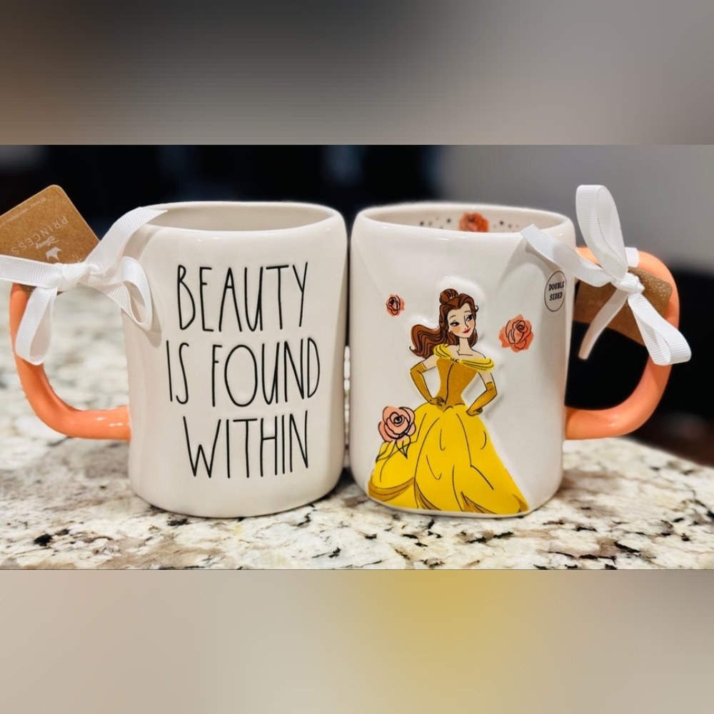 Disney × Rae Dunn Belle "Beauty Is Found Within" 2 Sided Mug with Rose Graphic